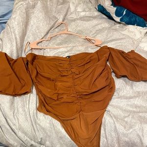 Rust puff off shoulder bodysuit